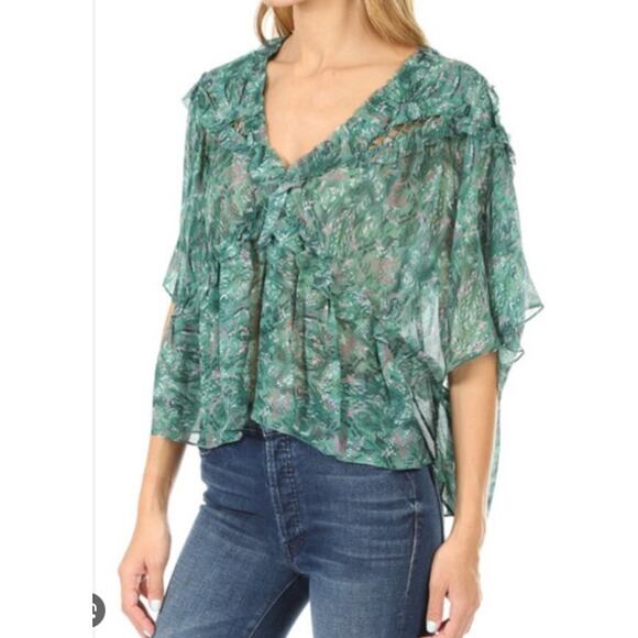 IRO Paris Date Top Blouse Size 38 Babydoll Ruffle Flutter Sleeve Semi Sheer Boho - Picture 15 of 16